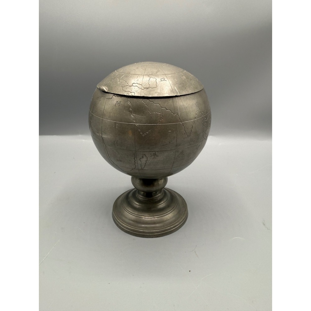 Antique Shuhlee Swatow‎ Chinese Pewter Tea / Tobacco Caddy Box World Globe Vtg